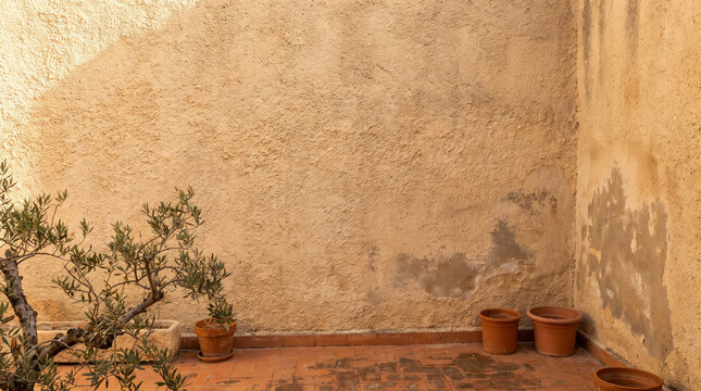 Rustic courtyard with olive tree and terracotta pots against a weathered sand-colored stucco wall