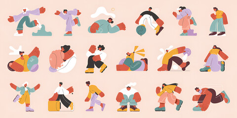 Obraz premium Diverse characters in dynamic poses with abstract shapes during a playful illustration