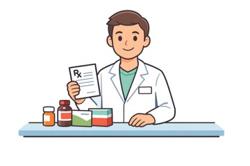 Obraz premium Pharmacist in uniform stands behind a pharmacy counter holding a prescription, ready to dispense medication, advise customers, and provide professional healthcare and consultation services
