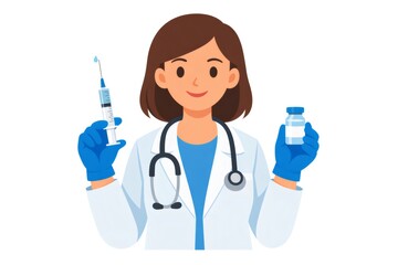 Fototapeta premium Medical professional wearing a lab coat, stethoscope, and gloves, holding a syringe and a medicine vial, representing healthcare, immunization, and treatment