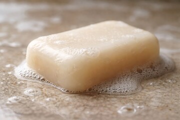 Obraz premium Bar of soap on a wet speckled brown surface producing rich white lather and bubbles, evoking fresh cleanliness, daily hygiene routine, natural skincare and essential personal care