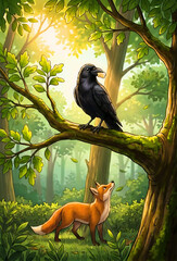 A cunning fox looking up at a crow perched in a sunlit tree with wildlife woodland sunlight branches © SM Biplob
