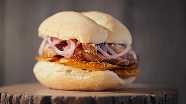 Traditional Peruvian Pan con Chicharron Pork Sandwich with Sweet Potato
