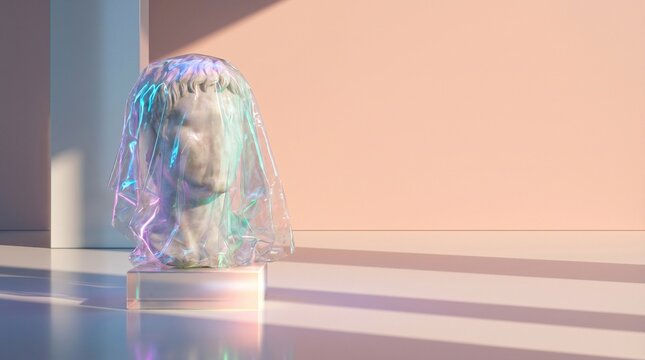 Classical stone head statue draped in iridescent plastic film against a soft peach colored backdrop