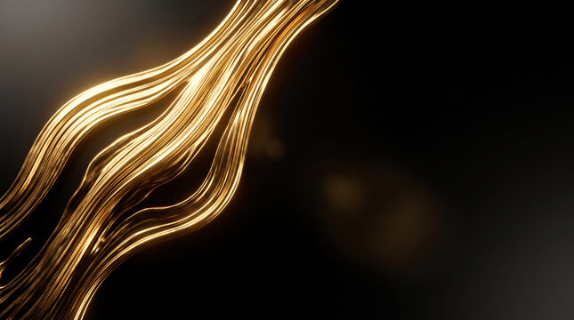 Luxury premium gold thread fluid stream dark abstract texture background for branding and product photography, flat lay with copy space on right