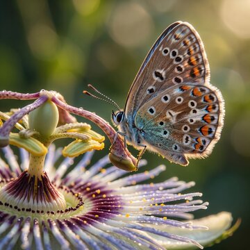 Blue butterfly resting on a purple passion flower macro with butterfly, wildlife