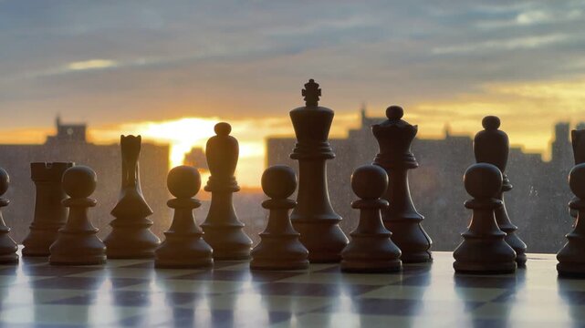 Close-up of brown wooden chess pieces on a board with a clear blue sky background.
