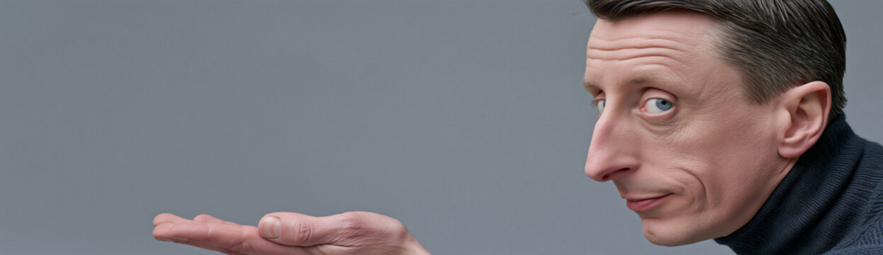 Wide banner of slender man with long nose and open hand, sideways gaze, subtle smile and chin dimple, in calm gray minimalist setting with clean negative space for headers, titles and graphic layouts