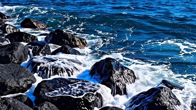 Waves crashing on rocks by the sea