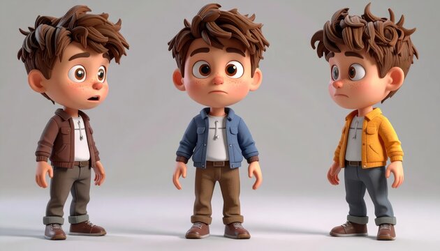 Three Curious Cartoon Boys Standing Together in Minimal Studio Scene