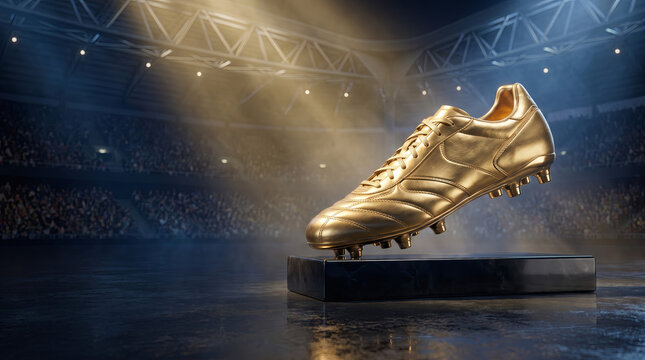 Golden soccer boot trophy under stadium spotlights