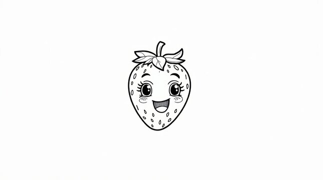 Cute happy strawberry character with a big smile line art drawing isolated on white background
