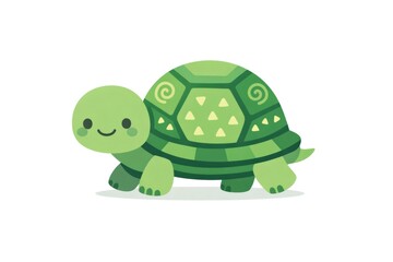 Obraz premium Friendly cartoon turtle with a vibrant green shell and happy smile moving forward, symbolizing slowness, longevity, and a gentle nature