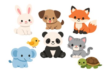 Fototapeta premium Adorable baby animals including a rabbit, puppy, fox, chick, panda, cat, elephant, and turtle creating a charming collection for children and wildlife themes
