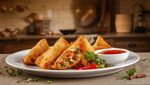 Fried triangular chicken risoles with vegetable filling and chili sauce on a white plate.