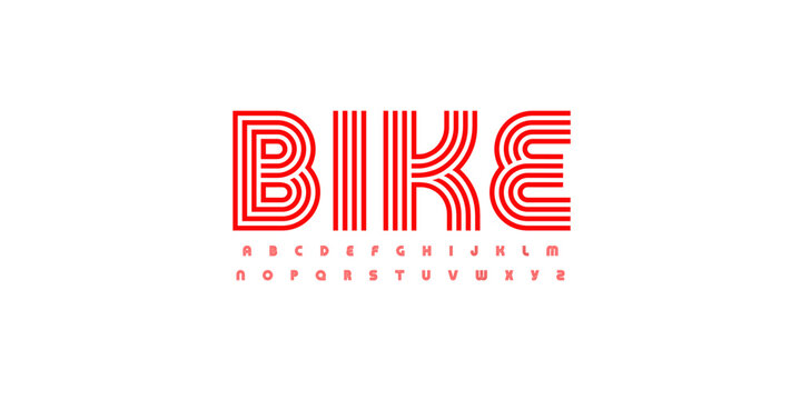 Striped Retro Sport Font Linear Logo Outline Alphabet Geometric Pattern Letter Set Modern Typography. Creative Typographic Design for Road Title Soccer Poster Headline. Bauhaus Fonts. Vector Typeface
