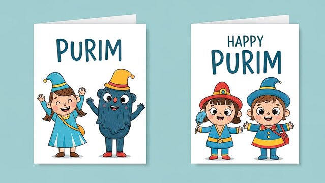 Purim holiday greeting cards with cartoon characters and festive text