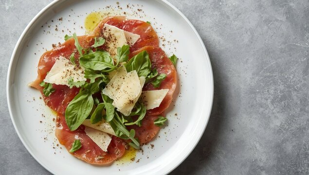 Tasty veal carpaccio topped with Parmesan, herbs, and spices. Gray backdrop. Aerial perspective. Room for text.