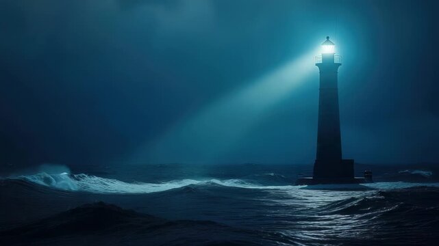 Solitary lighthouse casts a strong beam across turbulent, foggy ocean waves at night in a moody blue seascape