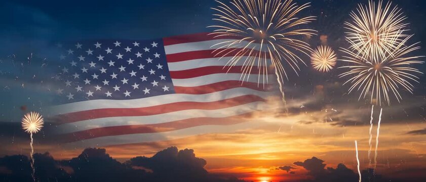 Us flag fireworks america anniversary 250 years celebration sunset sky glow patriotic joy pride freedom unity. american united independence. patriotic democracy celebration, freedom liberty festive