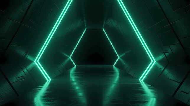 Neon triangle tunnel in dark futuristic space