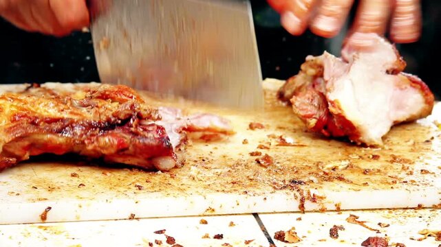 Chef Slicing Crispy Peruvian Chicharron Pork on Cutting Board