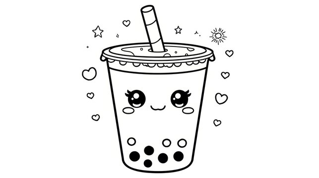 Cute bubble tea cup drawing with a straw and stars for coloring page isolated on white background