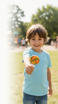 Smiling young boy holding colorful swirl lollipop in park. Happy child with sweet candy treat outdoors. Vertical portrait of kid in blue t-shirt