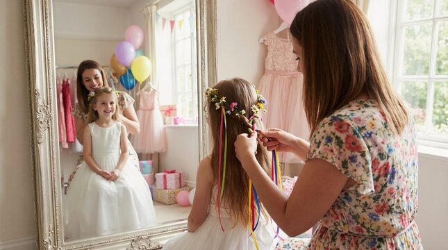 Mother braiding daughter's hair with flower crown in front of mirror. Little girl in white dress getting ready for celebration. Family bonding and birthday preparation concept