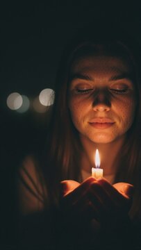 Vertical portrait of woman holding lit candle in dark. Young female with eyes closed in prayer or meditation. Warm candlelight illuminating face with bokeh background