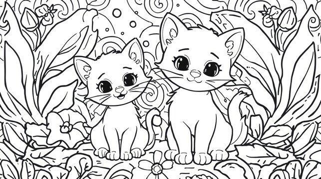 Two cute kittens sitting together in a garden coloring page for kids isolated on white background
