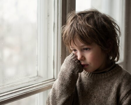 Close up portrait of sad child looking out window. Pensive kid in oversized sweater. Concept of childhood melancholy and loneliness