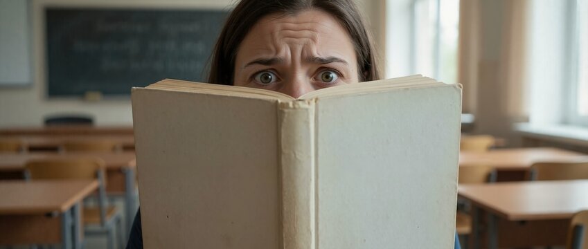 Woman hiding behind book in classroom. Close up of expressive eyes looking over textbook. Academic stress and exam anxiety concept