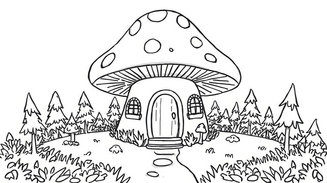 Cute mushroom house in a fairy forest coloring page for kids design isolated on white background