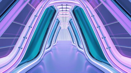 Fototapeta premium Futuristic corridor glows with vibrant purple, teal lighting. Symmetrical design creates intense perspective, leading toward distant light source.