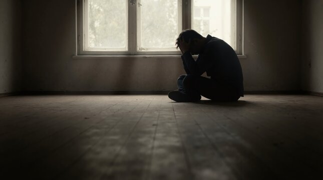 Silhouette of man sitting on floor in dark empty room. Person with head in hands by window. Concept of depression and loneliness