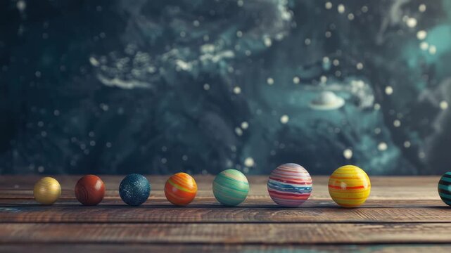 Miniature colorful planet models lined on a wooden surface with a blurred cosmic starfield background
