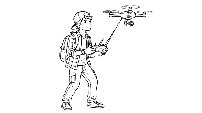 Boy Operating Drone with Remote Controller Black and White Coloring Page