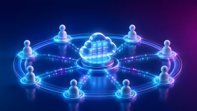 Glowing digital cloud icon connected to circular network of people icons representing remote workforce collaboration and cloud based communication