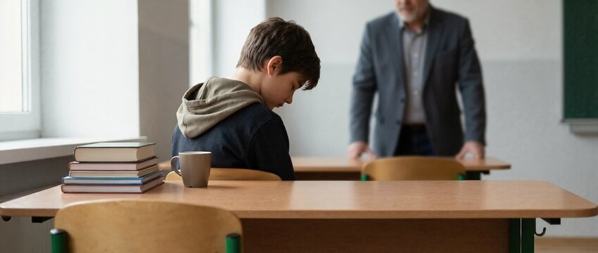 Sad schoolboy sitting at desk with teacher standing in background. Disciplined student looking down in classroom. Education and authority concept