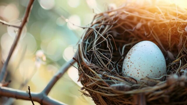 Close-up of a speckled pale blue bird egg resting in a woven twig nest with warm sunlit bokeh background