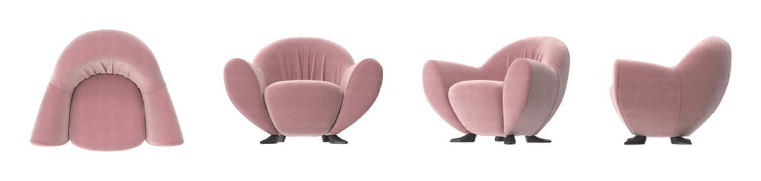 Elegant pink velvet armchair with a unique, sculptural, and organic design