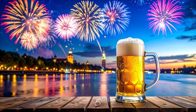 河川敷の花火大会でビールジョッキと大輪の花火を500mm望遠撮影した夏景色