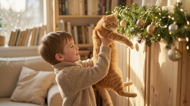 Young boy holding ginger cat near Christmas decorations. Child with pet kitten by festive evergreen garland. Holiday home celebration concept