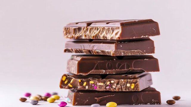 Stacked milk chocolate bars with filled layers and colorful candy pieces on a white background, close-up food photography