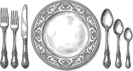 Ornate vintage dinner table setting hand drawn engraving style with detailed plate forks knife and silver spoons © MD