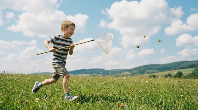 Joyful boy catching butterflies in green meadow. Happy child running with net in nature on sunny summer day. Childhood exploration concept