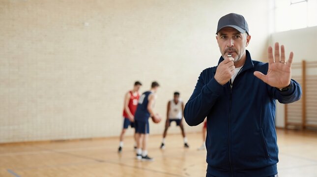Basketball coach blowing whistle and holding up hand to stop play. Sports trainer with team in gymnasium. Leadership and coaching concept