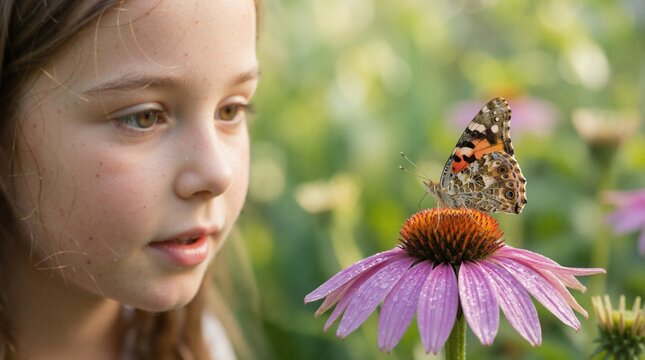 Close up of young girl looking at butterfly on purple coneflower. Child discovering nature in garden. Curiosity and environmental education concept