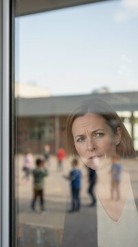 Concerned woman looking through window at school playground. Thoughtful female teacher or parent watching children play. Vertical portrait of pensive woman